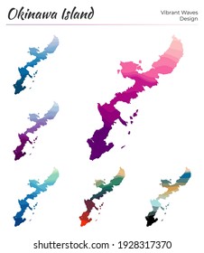 Set of vector maps of Okinawa Island. Vibrant waves design. Bright mapin geometric smooth curves style. Multicolored Okinawa Island map for your design. Beautiful vector illustration.