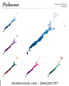Conjunto de mapas vectoriales de Palawan. Diseño vibrante de olas. Mapa luminoso de la isla en estilo de curvas geométricas y lisas. Mapa de Palawan multicolor para su diseño. Encantadora ilustración vectorial.