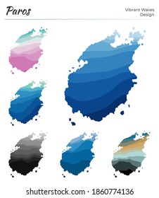 Conjunto de mapas vectoriales de Paros. Diseño vibrante de olas. Mapa luminoso de la isla en estilo de curvas geométricas y lisas. Mapa de Paros multicolores para su diseño. Elegante ilustración vectorial.