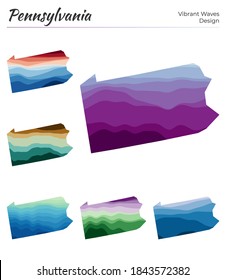 Conjunto de mapas vectoriales de Pennsylvania. Diseño vibrante de olas. El mapa luminoso de los estados de estados unidos se establece en el estilo geométrico de curvas lisas. Mapa multicolor de Pensilvania para su diseño. Increíble ilustración vectorial.