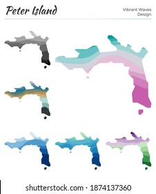 Set of vector maps of Peter Island. Vibrant waves design. Bright map in geometric smooth curves style. Multicolored Peter Island map for your design. Radiant vector illustration..