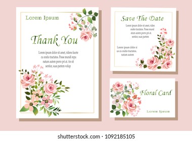 A set of vector maps with pink roses and green leaves. Vector illustration. Decorative invitation to the holiday. Wedding, birthday. Universal card.