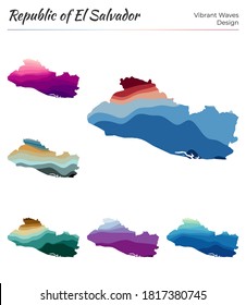 Set of vector maps of Republic of El Salvador. Vibrant waves design. Bright map of country in geometric smooth curves style. Multicolored Republic of El Salvador map for your design.