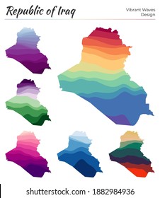 Set of vector maps of Republic of Iraq. Vibrant waves design. Bright map of country in geometric smooth curves style. Multicolored Republic of Iraq map for your design. Neat vector illustration.