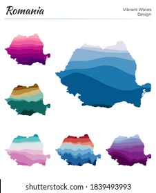 Set of vector maps of Romania. Vibrant waves design. Bright map of country in geometric smooth curves style. Multicolored Romania map for your design. Awesome vector illustration.