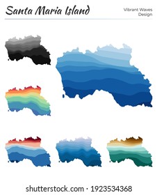 Set of vector maps of Santa Maria Island. Vibrant waves design. Bright map in geometric smooth curves style. Multicolored Santa Maria Island map for your design.
