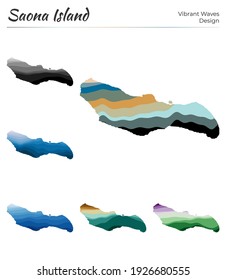 Conjunto de mapas vectoriales de la isla de Saona. Diseño vibrante de olas. Estilo de curvas geométricas y suaves de mapin brillante. Mapa multicolor de la isla de Saona para su diseño. Magnífica ilustración vectorial.