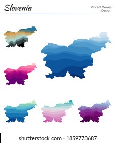 Set of vector maps of Slovenia. Vibrant waves design. Bright map of country in geometric smooth curves style. Multicolored Slovenia map for your design. Amazing vector illustration.
