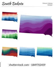 Set of vector maps of South Dakota. Vibrant waves design. Bright map of US state in geometric smooth curves style. Multicolored South Dakota map for your design. Astonishing vector illustration.