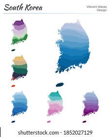 Conjunto de mapas vectoriales de Corea del Sur. Diseño vibrante de olas. Mapa luminoso del país en el estilo geométrico de curvas lisas. Mapa multicolor de Corea del Sur para su diseño. Ilustración vectorial atractiva.