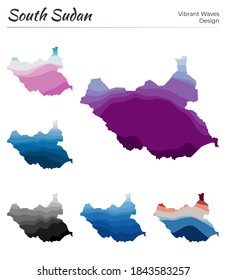 Set of vector maps of South Sudan. Vibrant waves design. Bright map of country in geometric smooth curves style. Multicolored South Sudan map for your design. Superb vector illustration.