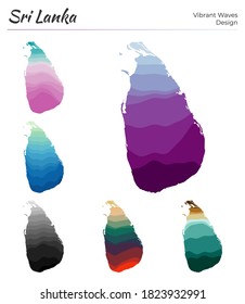 Set of vector maps of Sri Lanka. Vibrant waves design. Bright map of country in geometric smooth curves style. Multicolored Sri Lanka map for your design. Classy vector illustration.