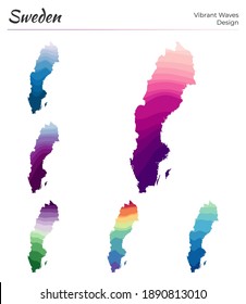 Set of vector maps of Sweden. Vibrant waves design. Bright map of country in geometric smooth curves style. Multicolored Sweden map for your design. Appealing vector illustration.