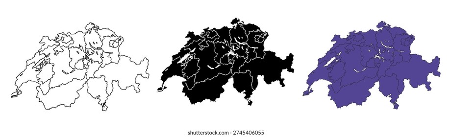 A set of vector maps of Switzerland with prefecture boundaries in three styles
