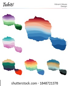 Set of vector maps of Tahiti. Vibrant waves design. Bright map of island in geometric smooth curves style. Multicolored Tahiti map for your design. Charming vector illustration.