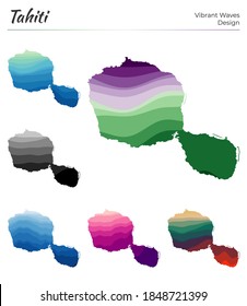 Set of vector maps of Tahiti. Vibrant waves design. Bright map of island in geometric smooth curves style. Multicolored Tahiti map for your design. Classy vector illustration.