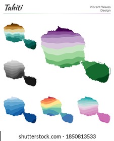Set of vector maps of Tahiti. Vibrant waves design. Bright map of island in geometric smooth curves style. Multicolored Tahiti map for your design. Elegant vector illustration.