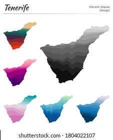 Set of vector maps of Tenerife. Vibrant waves design. Bright map of the island in geometric smooth curves style. Multicolored Tenerife map for your design. Powerful vector illustration.
