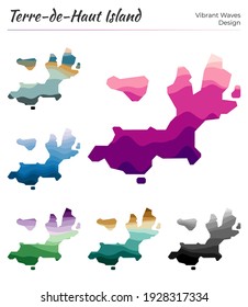Set of vector maps of Terre-de-Haut Island. Vibrant waves design. Bright map in geometric smooth curves style. Multicolored Terre-de-Haut Island map for your design.