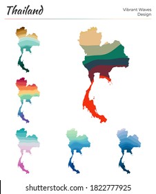 Set of vector maps of Thailand. Vibrant waves design. Bright map of the country in geometric smooth curves style. Multicolored Thailand map for your design. Awesome vector illustration.