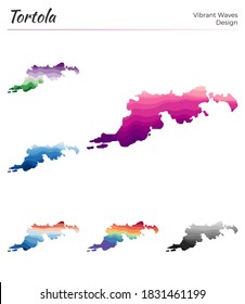 Conjunto de mapas vectoriales de Tortola. Diseño vibrante de olas. Mapa luminoso de la isla en estilo de curvas geométricas y lisas. Mapa de Tortola multicolor para su diseño. Ilustración vectorial de moda.
