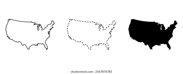 Set of vector maps of USA. Mercator projection. Filled and outline.
