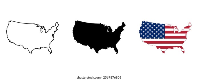 Set of vector maps of USA. Mercator projection. Filled and outline.
