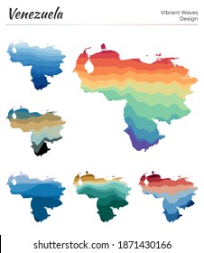 Mapas vectoriales de Venezuela. Diseño vibrante de olas. Mapa luminoso del país en el estilo geométrico de curvas lisas. Mapa multicolor de Venezuela para tu diseño. Ilustración vectorial de moda.