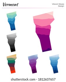 Set of vector maps of Vermont. Vibrant waves design. Bright map of US state in geometric smooth curves style. Multicolored Vermont map for your design. Captivating vector illustration.