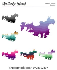Set of vector maps of Waiheke Island. Vibrant waves design. Bright mapin geometric smooth curves style. Multicolored Waiheke Island map for your design. Attractive vector illustration.