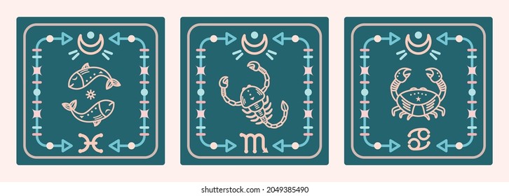 A set of vector maps with water signs of the zodiac. Astrological cards.
