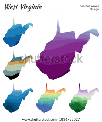 Set of vector maps of West Virginia. Vibrant waves design. Bright map of us state in geometric smooth curves style. Multicolored West Virginia map for your design. Cool vector illustration.