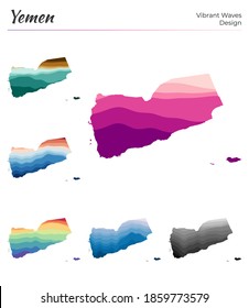 Set of vector maps of Yemen. Vibrant waves design. Bright map of country in geometric smooth curves style. Multicolored Yemen map for your design. Appealing vector illustration.