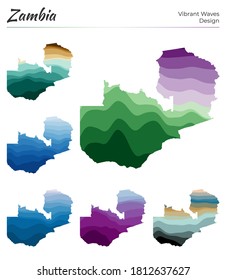 Set of vector maps of Zambia. Vibrant waves design. Bright map of the country in geometric smooth curves style. Multicolored Zambia map for your design. Astonishing vector illustration.
