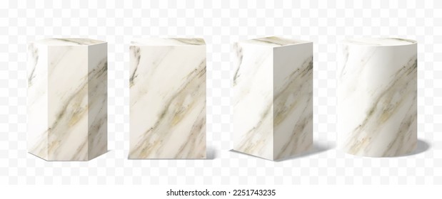 Set of Vector marble podium Pedestals, abstract geometric empty museum stages, exhibit displays for award ceremony presentation. Gallery platform, Blank stones product stands, Realistic 3d