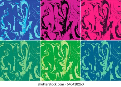 Set of vector marbled abstract background. Liquid marble pattern.