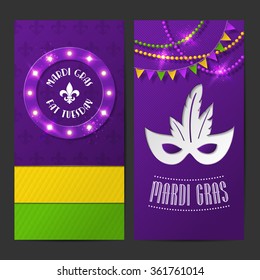 Set of vector mardi gras brochures. Fat tuesday symbols and shining beads on traditional colors background