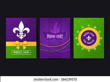 Set of vector mardi gras brochures. Fat tuesday symbols and shining beads on traditional colors background