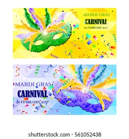Set of vector Mardi Gras Festive Carnival Party Mask  with colorful feathers, serpentine on glittering bright  mosaic background. Beautiful concept design for  invitation flyers template