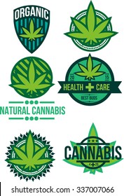 Set Of Vector Marijuana Cannabis Natural Organic Weed Pot Product Labels And Logo Graphics