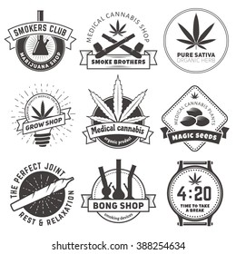 Set of vector marijuana smoking badges. Medical cannabis labels.