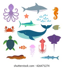 Set of vector marine fish and animals. Vector Set of Sea Creatures.