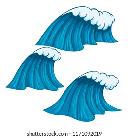 Set of vector marine icons. Broad and narrow colorful waves with outline isolated on white background.