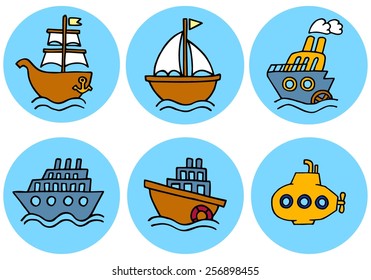 Set vector maritime transport color icons. Marine background