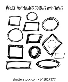 Set of vector marker black and white square and round frames. Doodle grey scale borders collection. Drawing scribble highlight illustration. Trendy hipster rings or borders collection.