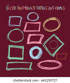 Set of vector marker, colourful square and round frames. Doodle pink, green, yellow, and orange borders collection. Drawing scribble highlight illustration. Trendy hipster rings and borders collection