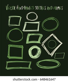 Set of vector marker, colourful square and round frames. Doodle green borders collection. Drawing scribble highlight illustration. Trendy hipster rings and borders collection, trendy  logo elements.