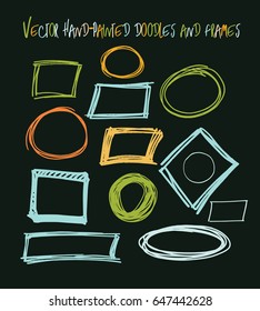 Set of vector marker orange, pink, brown, and yellow square and round frames. Doodle greenery borders collection. Drawing scribble highlight illustration. Trendy hipster rings or borders collection.