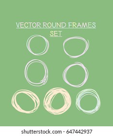 Set of vector marker round frames in green colours. Doodle greenery borders collection. Drawing scribble highlight illustration. Trendy hipster rings or borders collection.