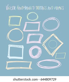 Set of vector marker soft pink, blue, and yellow square and round frames. Doodle greenery borders collection. Drawing scribble highlight illustration. Trendy hipster rings or borders collection.